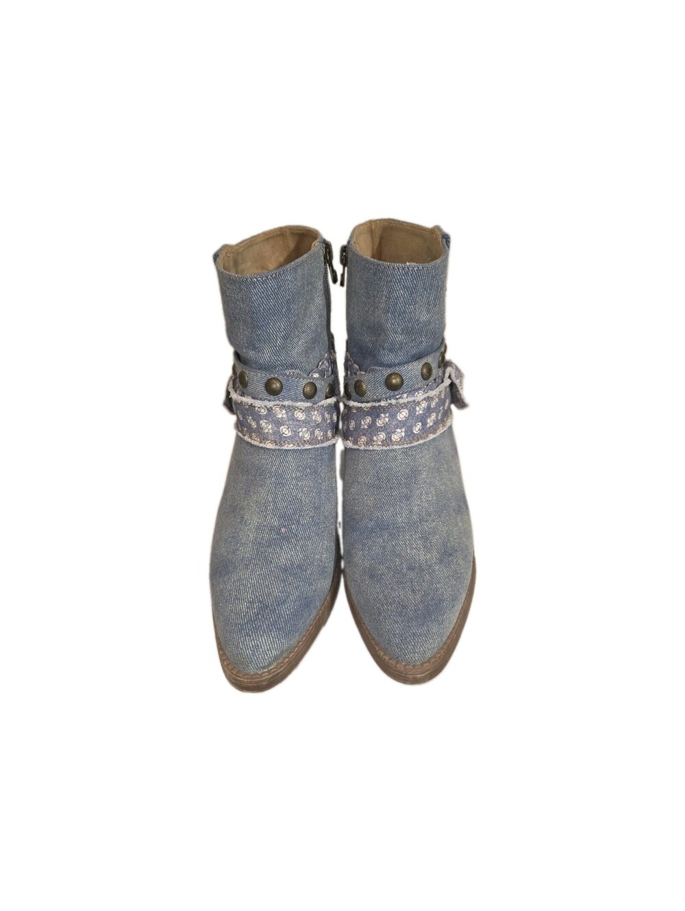 blowfish malibu denim ankle boots Sz 11 Decorative Straps Side Zip Block Heel...